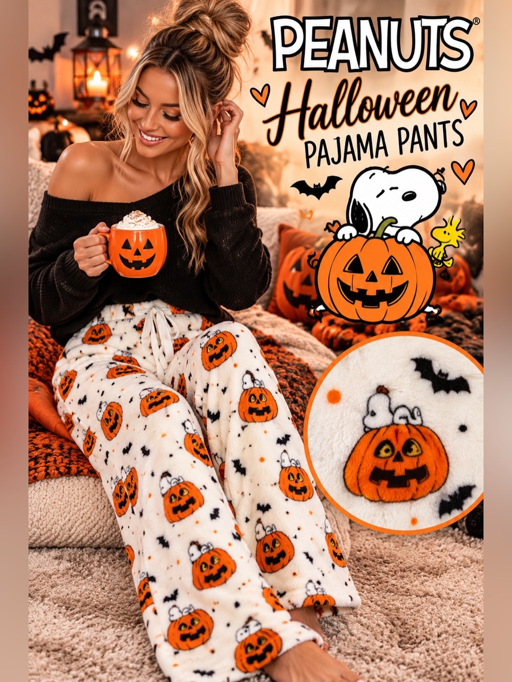 NWOT Peanuts Snoopy Halloween Pumpkin Plush Pajama Pants Large